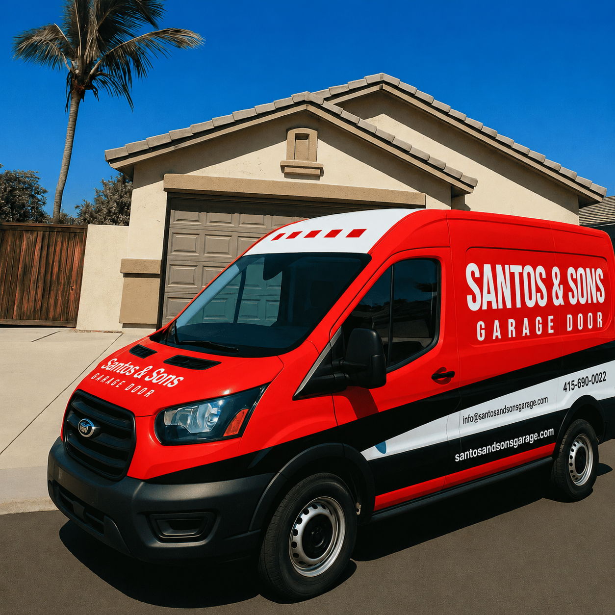 Santos and Sons garage door service van in San Mateo, CA